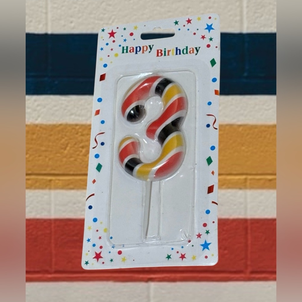 Striped Number 3 Birthday Party Candle Cake Topper - Red, Yellow, and Black - Picture 7 of 11